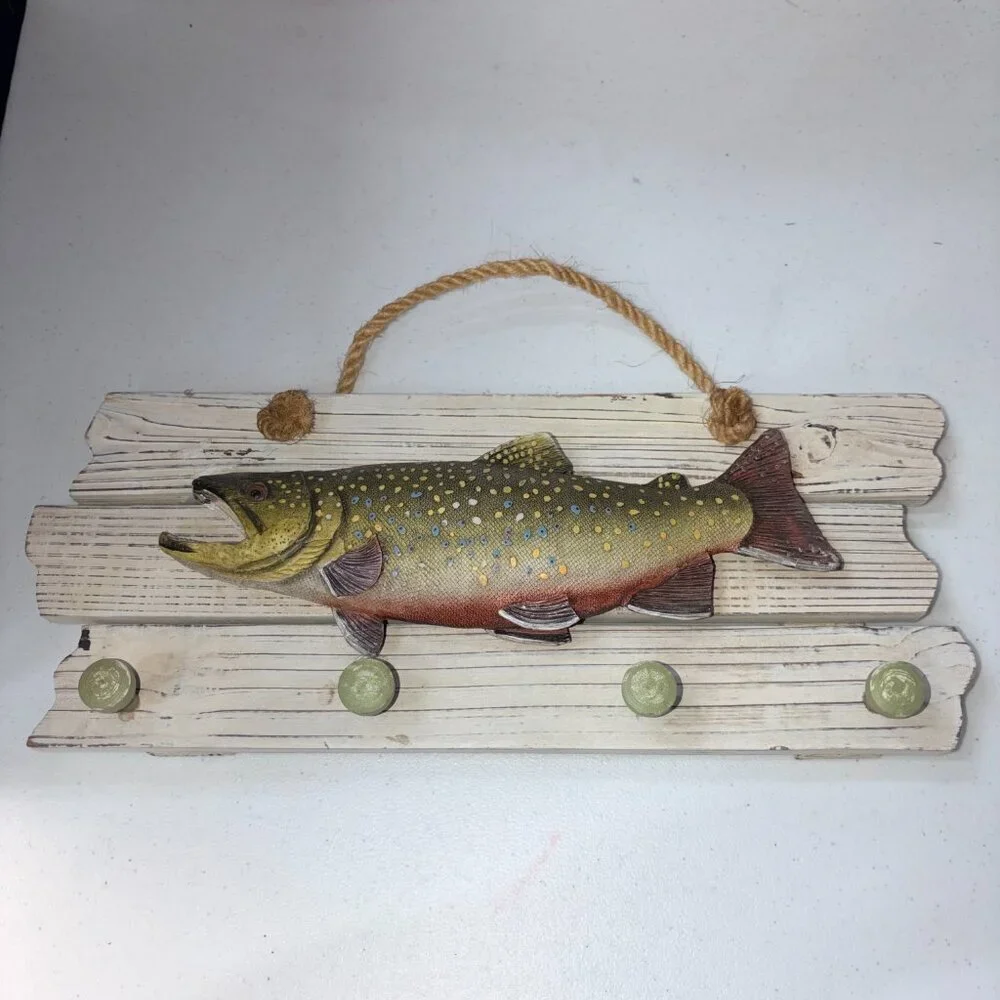 Brook Trout Resin Wall Art 4 Hooks Hanging Rack Realistic 2D Cabin Lodge Western